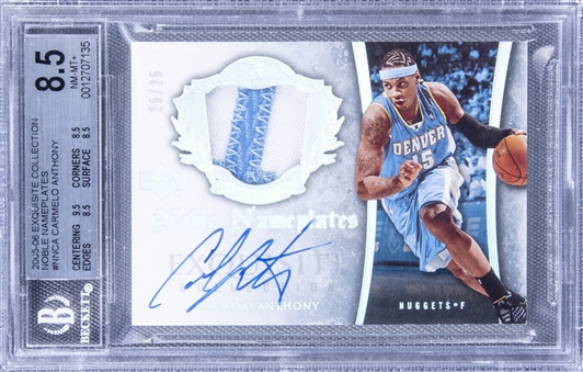 2005-06 UD "Exquisite Collection" Noble Nameplates #NNCA Carmelo Anthony Signed Game Used Patch Card (#25/25) - BGS NM-MT+ 8.5/BGS 10